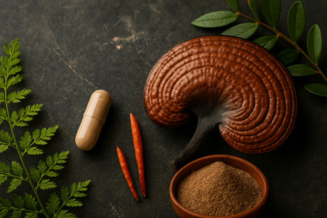 Różne formy Reishi: świeży owocnik, w&nbsp;kapsułce i&nbsp;w proszku