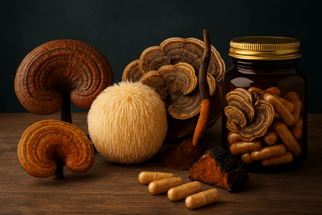 Grzyby witalne mające właściwości lecznicze: Reishi, soplówka jeżowata, wrośniak różnobarwny, kordyceps, chaga.