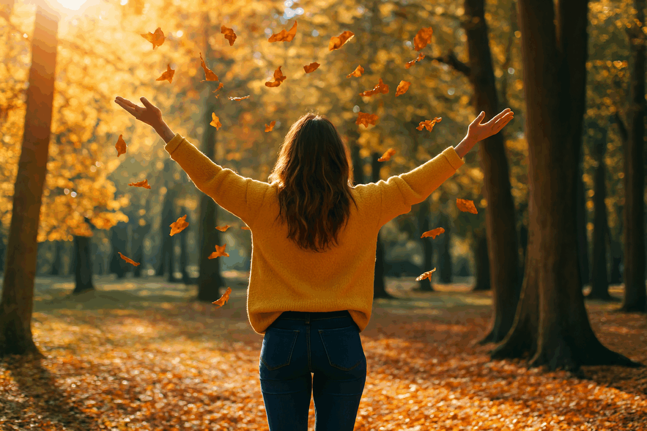 Kobieta ciesząca się wysoką odpornością organizmu jesienną porą w&nbsp;parku.