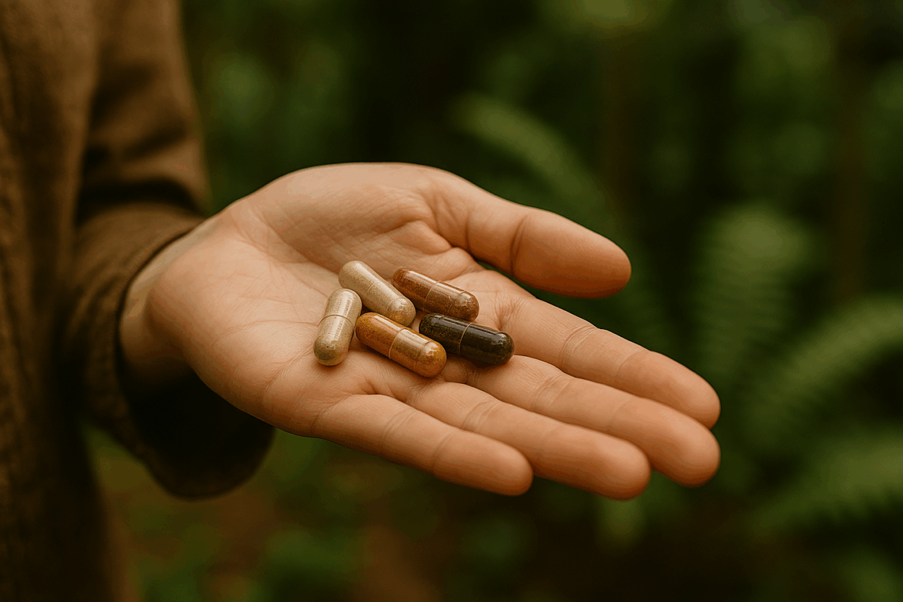 Różne kapsułki suplementów diety na dłoni.