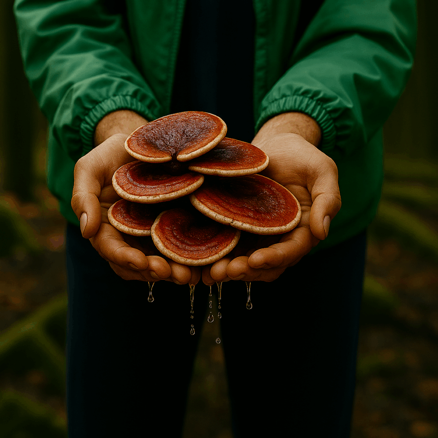Świeże owocniki Reishi trzymane w&nbsp;dłoniach – naturalne źródło triterpenów i&nbsp;beta-glukanów.