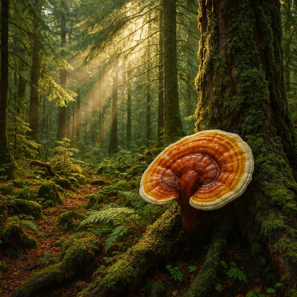 Grzyb Reishi (lakownica żółtawa) rosnący na pniu drzewa.