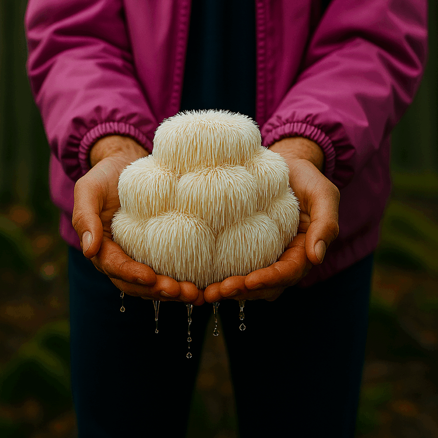 Świeże owocniki Lion's Mane trzymane w&nbsp;dłoniach – naturalne źródło triterpenów i&nbsp;hericenonów.