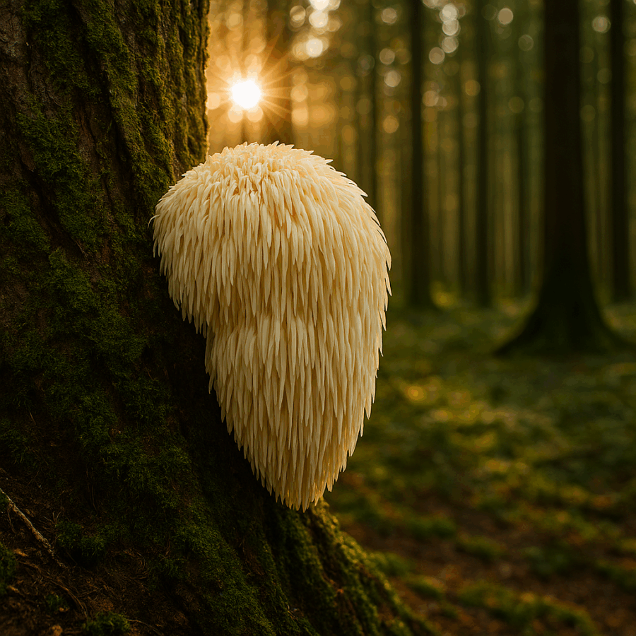 Grzyb Lion's Mane (soplówka jeżowata) rosnący w&nbsp;naturalnym środowisku.