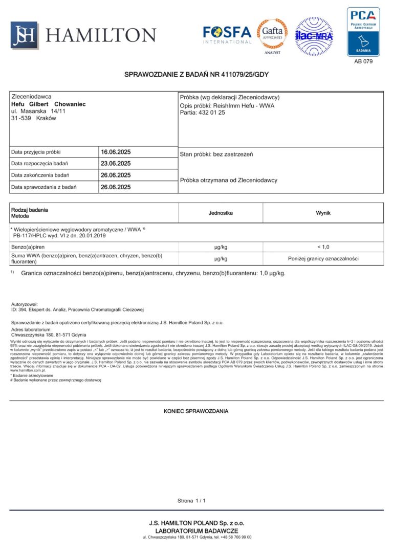 Wyniki badań WWA suplementu ReishImm (Reishi), stężenia poniżej dopuszczalnych limitów.