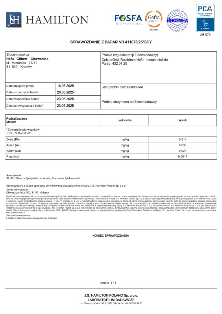 Wyniki badań metali ciężkich suplementu ReishImm (Reishi), wartości w&nbsp;normie.