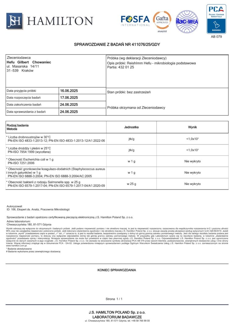 Wyniki podstawowej mikrobiologii suplementu ReishImm (Reishi), parametry w&nbsp;normie.