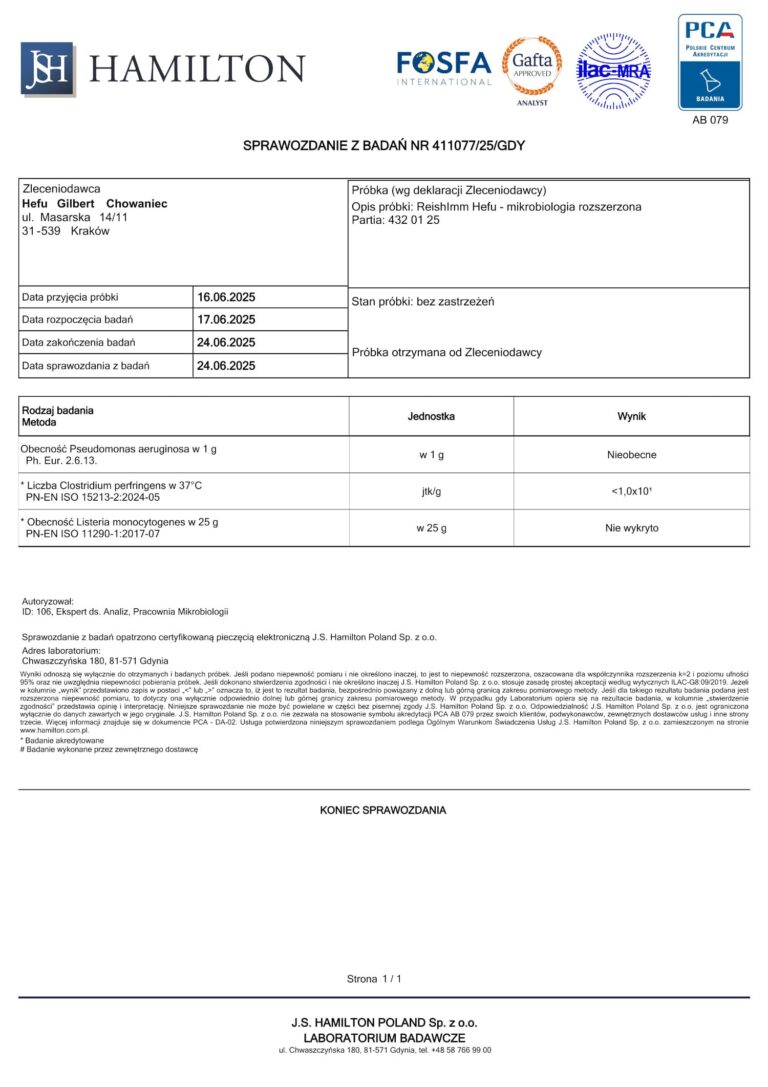 Wyniki rozszerzonej mikrobiologii suplementu ReishImm (Reishi), czystość potwierdzona.