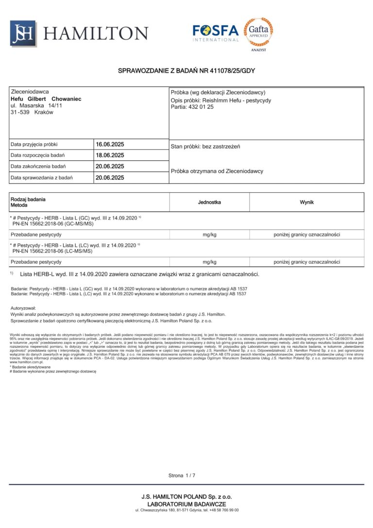 Wyniki badań na obecność pestycydów suplementu ReishImm (Reishi), brak wykrytych substancji.