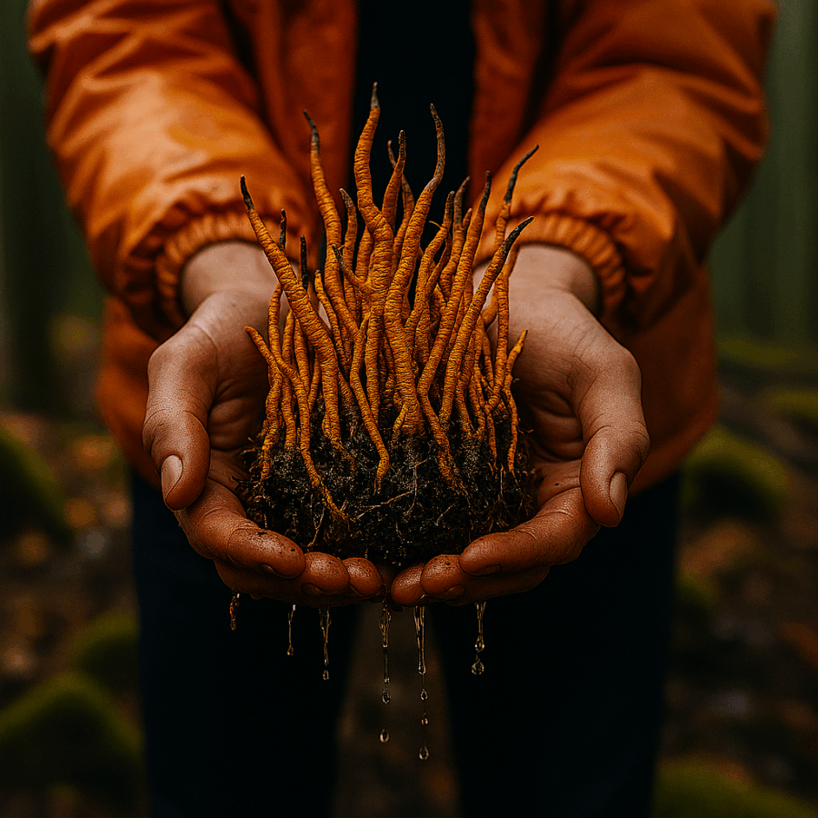 Świeże owocniki Cordyceps trzymane w&nbsp;dłoniach – naturalne źródło kordycepiny i&nbsp;adenozyny.