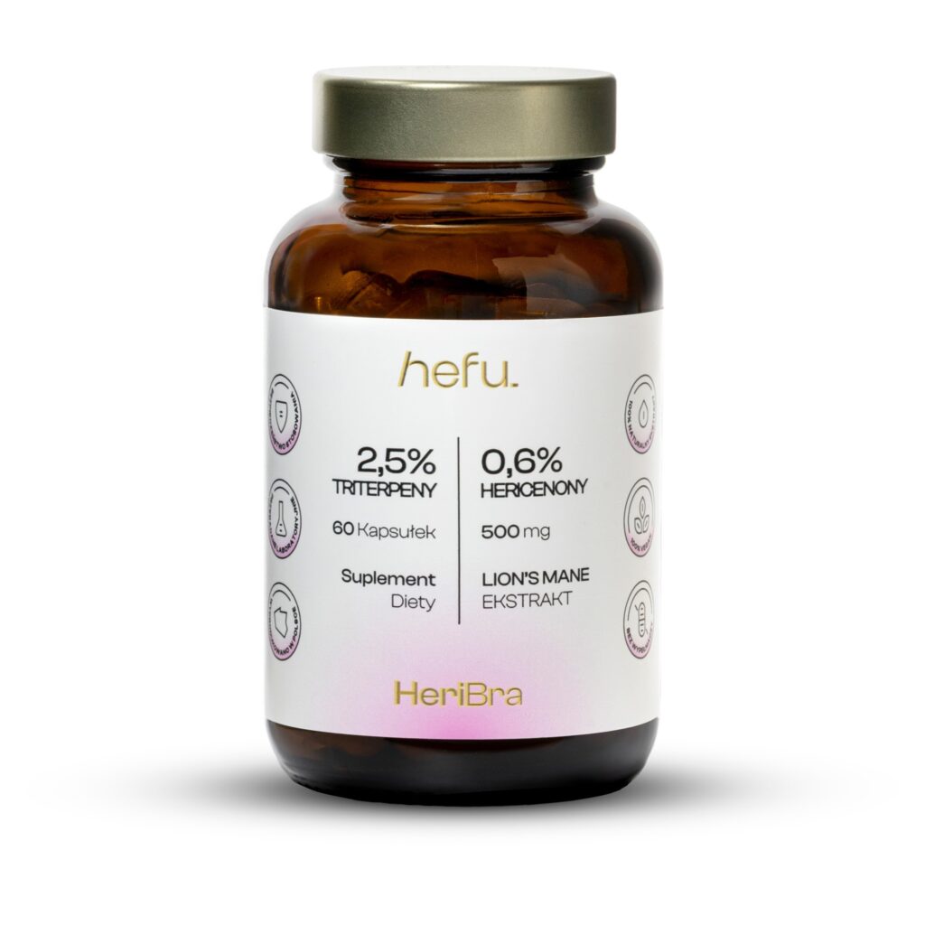 HeriBra Hefu – ekstrakt z&nbsp;soplówki jeżowatej Lion’s Mane w&nbsp;kapsułkach 500 mg, suplement wspierający koncentrację i&nbsp;jasność myślenia.