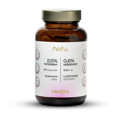 HeriBra Hefu – ekstrakt z soplówki jeżowatej Lion’s Mane w kapsułkach 500 mg, suplement wspierający koncentrację i jasność myślenia.