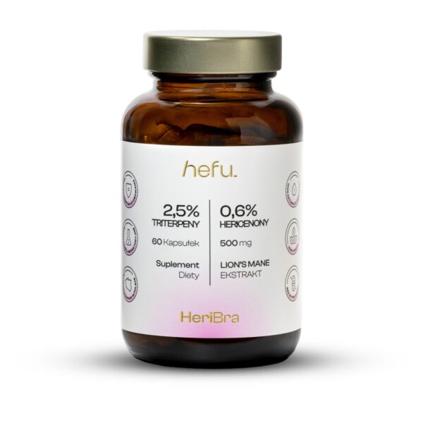 HeriBra Hefu – ekstrakt z soplówki jeżowatej Lion’s Mane w kapsułkach 500 mg, suplement wspierający koncentrację i jasność myślenia.