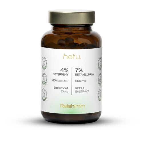 ReishImm Hefu – ekstrakt z grzyba Reishi w kapsułkach 500 mg, naturalny suplement wspierający odporność i spokój.