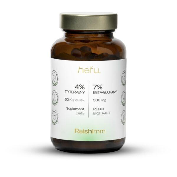 ReishImm Hefu – ekstrakt z grzyba Reishi w kapsułkach 500 mg, naturalny suplement wspierający odporność i spokój.
