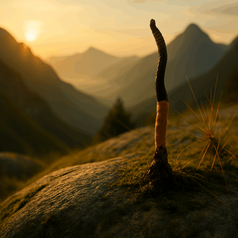 Grzyb Cordyceps (maczużnik chiński) rosnący w&nbsp;naturalnym środowisku.