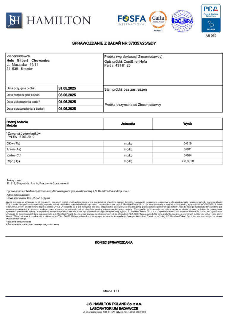 Wyniki badań metali ciężkich suplementu CordEner (Cordyceps sinensis), wartości w&nbsp;normie.