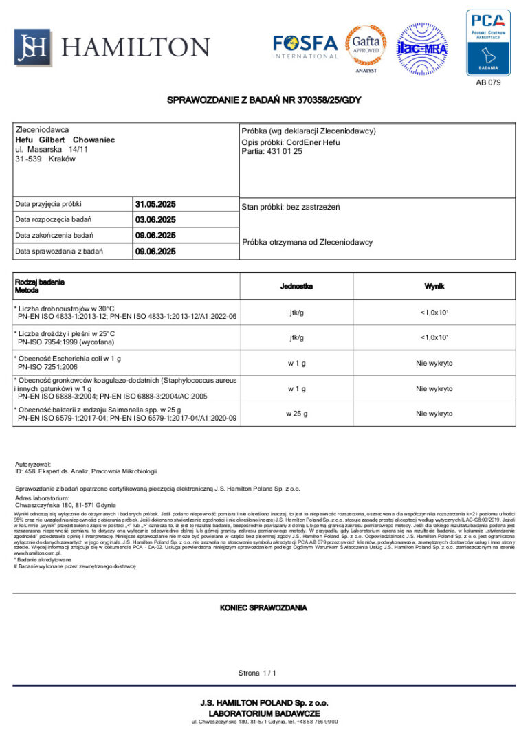 Wyniki podstawowej mikrobiologii suplementu CordEner (Cordyceps sinensis), parametry w&nbsp;normie.