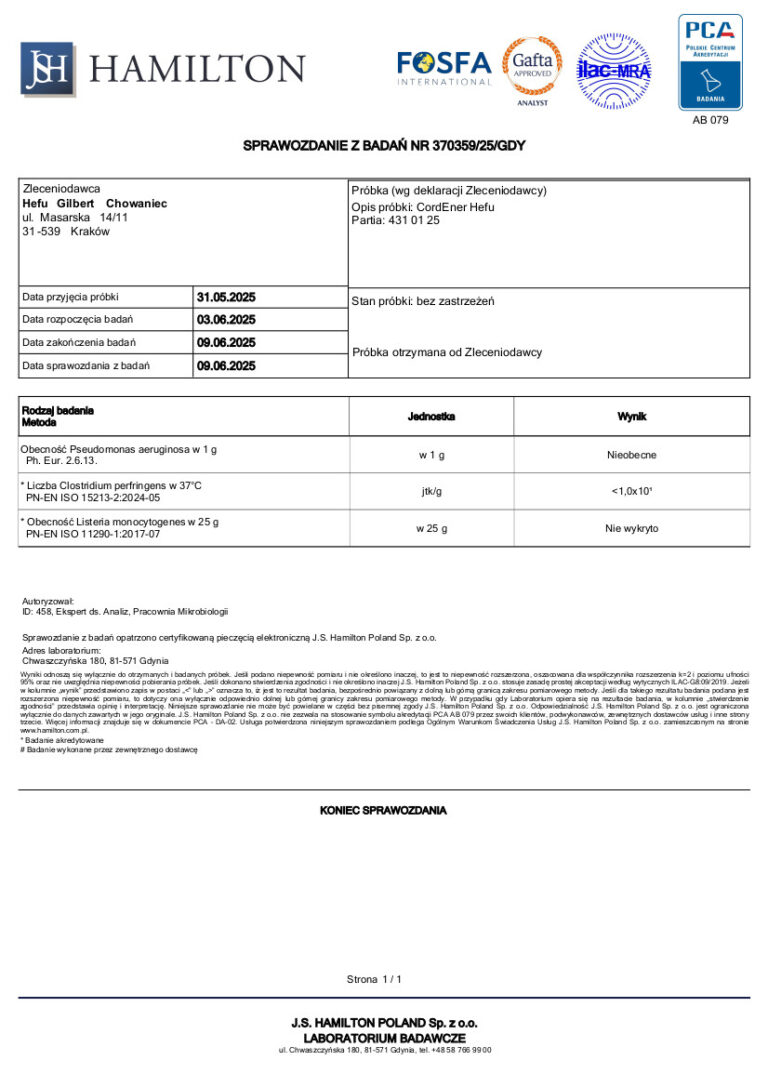 Wyniki rozszerzonej mikrobiologii suplementu CordEner (Cordyceps sinensis), czystość potwierdzona.