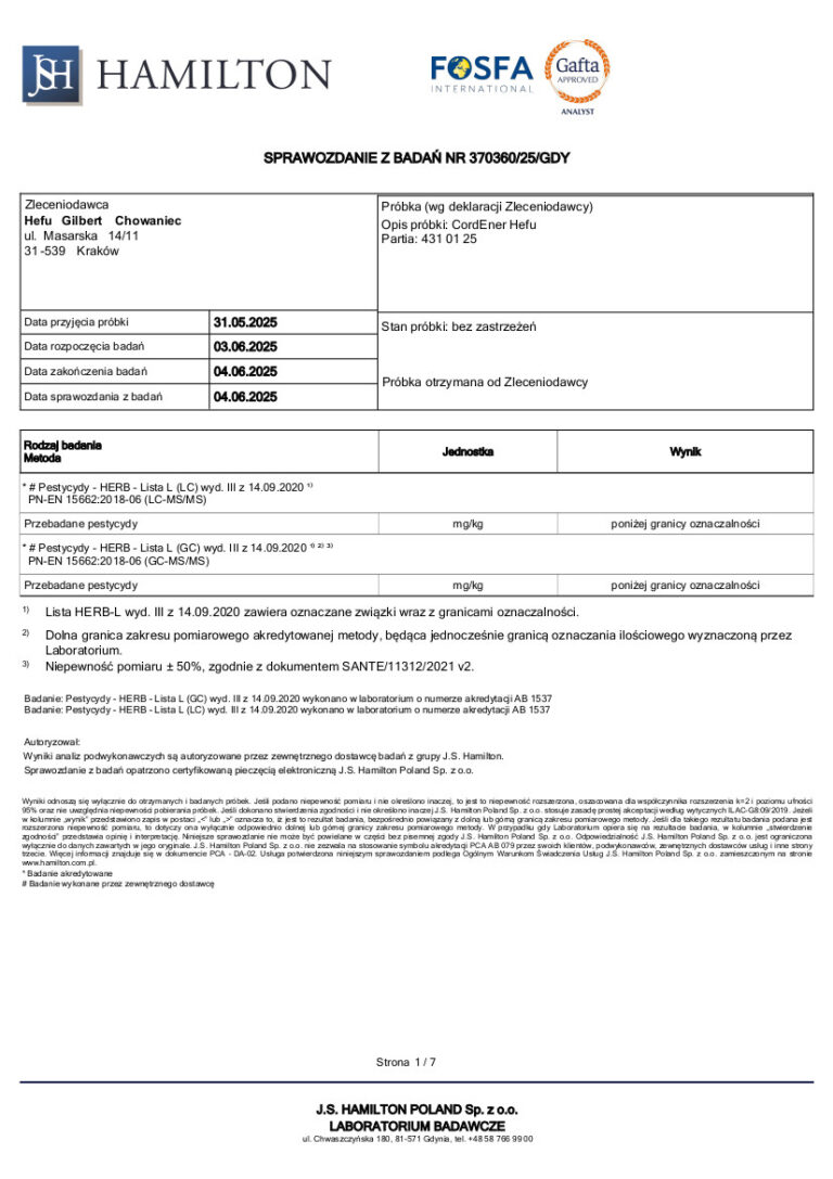 Wyniki badań na obecność pestycydów suplementu CordEner (Cordyceps sinensis), brak wykrytych substancji.