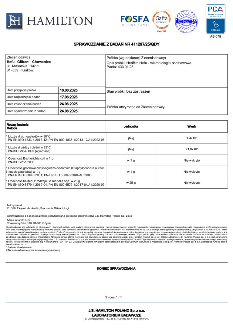 Wyniki podstawowej mikrobiologii suplementu HeriBra (Lion’s Mane), parametry w&nbsp;normie.