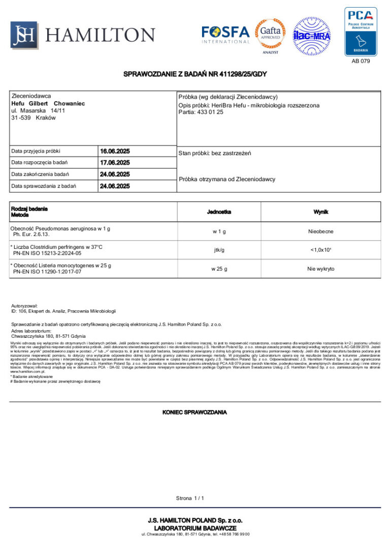 Wyniki rozszerzonej mikrobiologii suplementu HeriBra (Lion’s Mane), czystość potwierdzona.