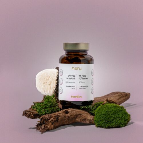 Żywność funkcjonalna Hefu HeriBra z ekstraktem z Lion’s Mane (soplówka jeżowata) w naturalnej aranżacji – wsparcie mózgu, pamięci, skupienia i odporności psychicznej.