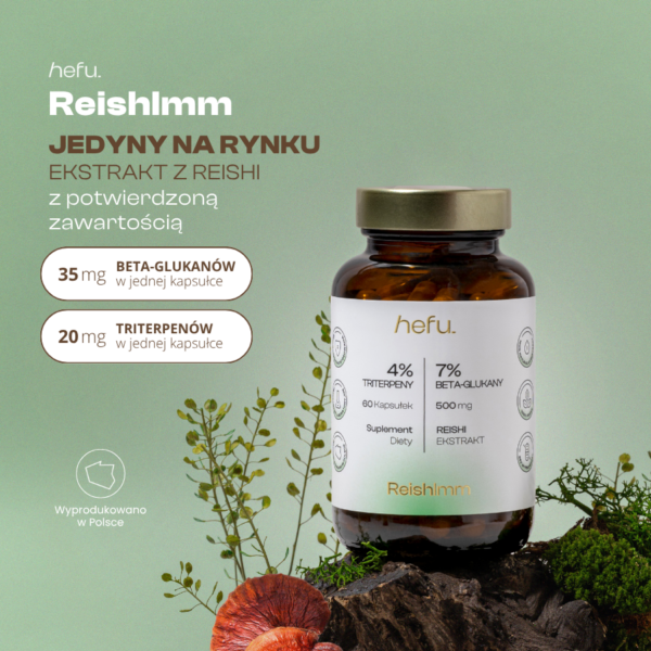 Ekstrakt owocników Reishi w kapsułkach z potwierdzoną zawartością 35 mg beta-glukanów i 20 mg triterpenów.